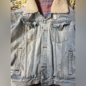 Free People Light Blue Denim Jacket with Sherpa Collar